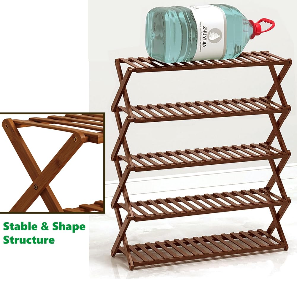 5-Tier Bamboo Shoe Rack - Free Standing, Foldable Shoe Shelf with Multifunctional Storage for Entryway, Hallway, Bathroom, Living Room & Bedroom - Perfect for Small Spaces, Apartment Organization & Closet Storage Solutions