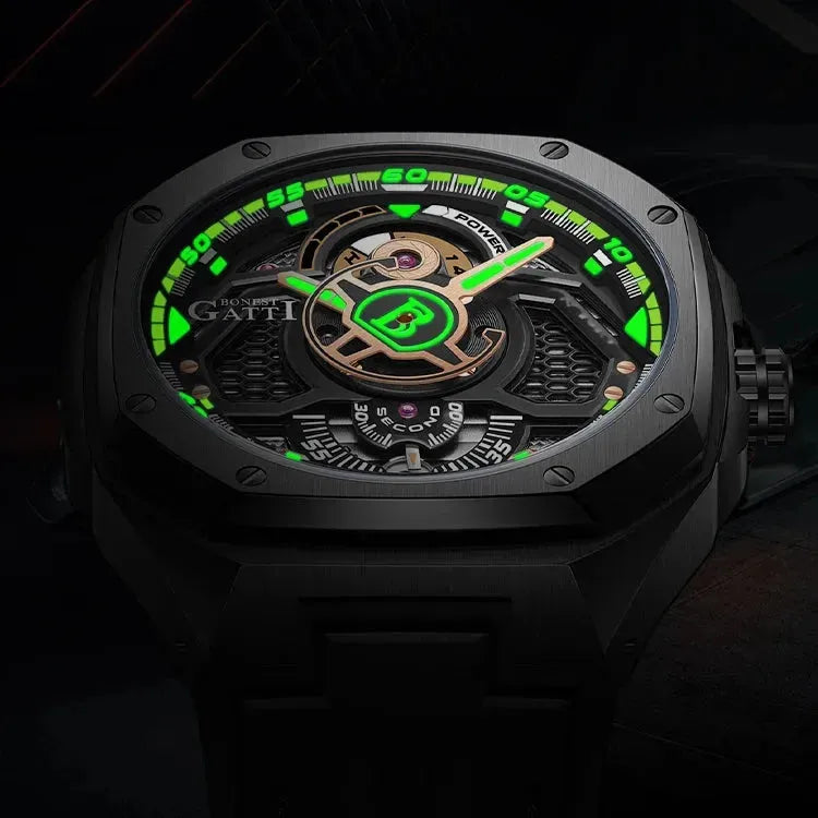 BONEST GATTI Men's Automatic Mechanical Watch - 50M Waterproof, Sapphire Crystal, Luminous Hands, Fluororubber Strap with Power Reserve Display | Perfect for Business, Casual Wear & Outdoor Activities
