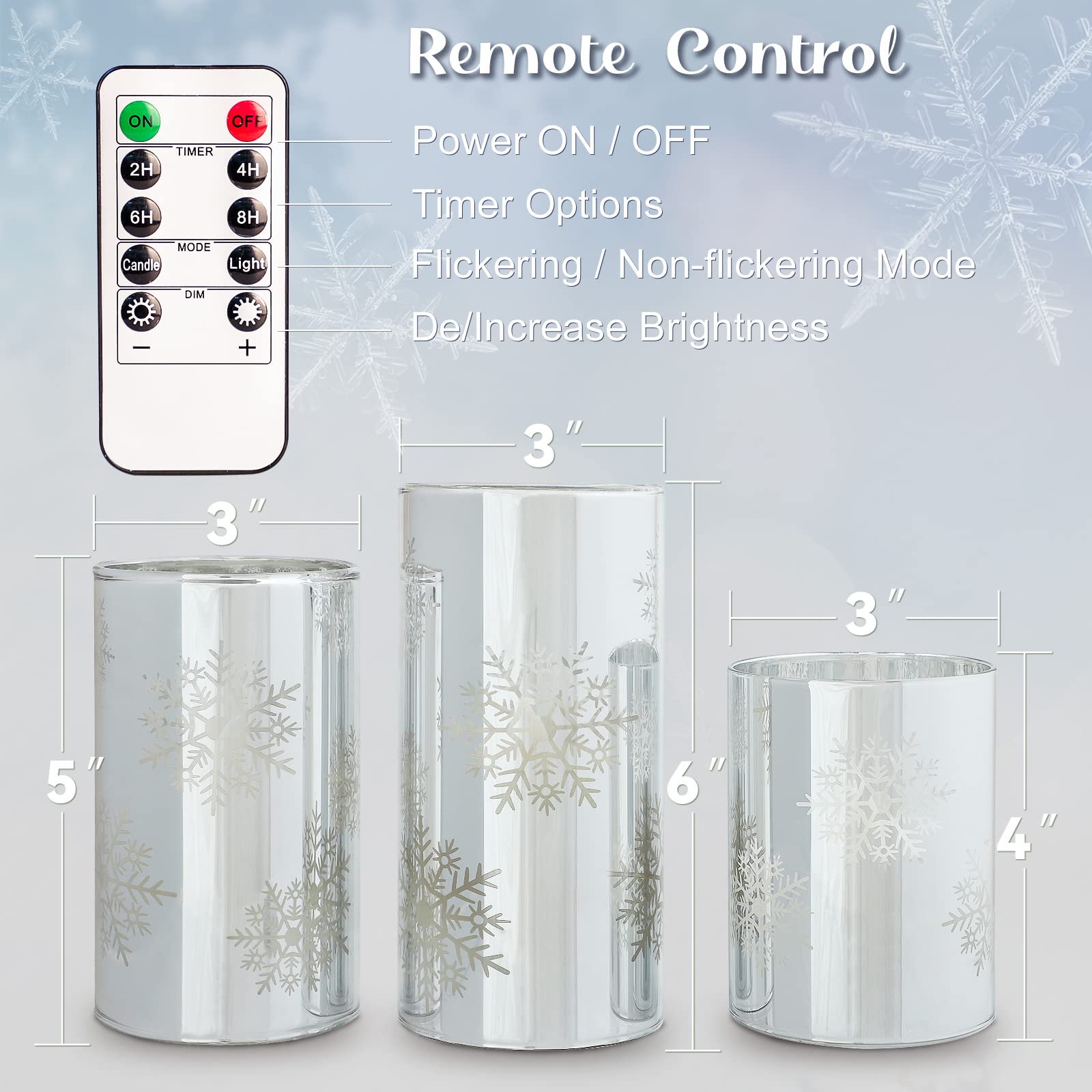 Flameless LED Candles with Remote Control - 3 Pack Christmas Holiday Flickering Candles in Snowflake Glass, Battery Operated for Home Decor, Party, Bathroom & Gift | Perfect for Christmas Decorations, Wedding Centerpieces & Relaxing Ambience