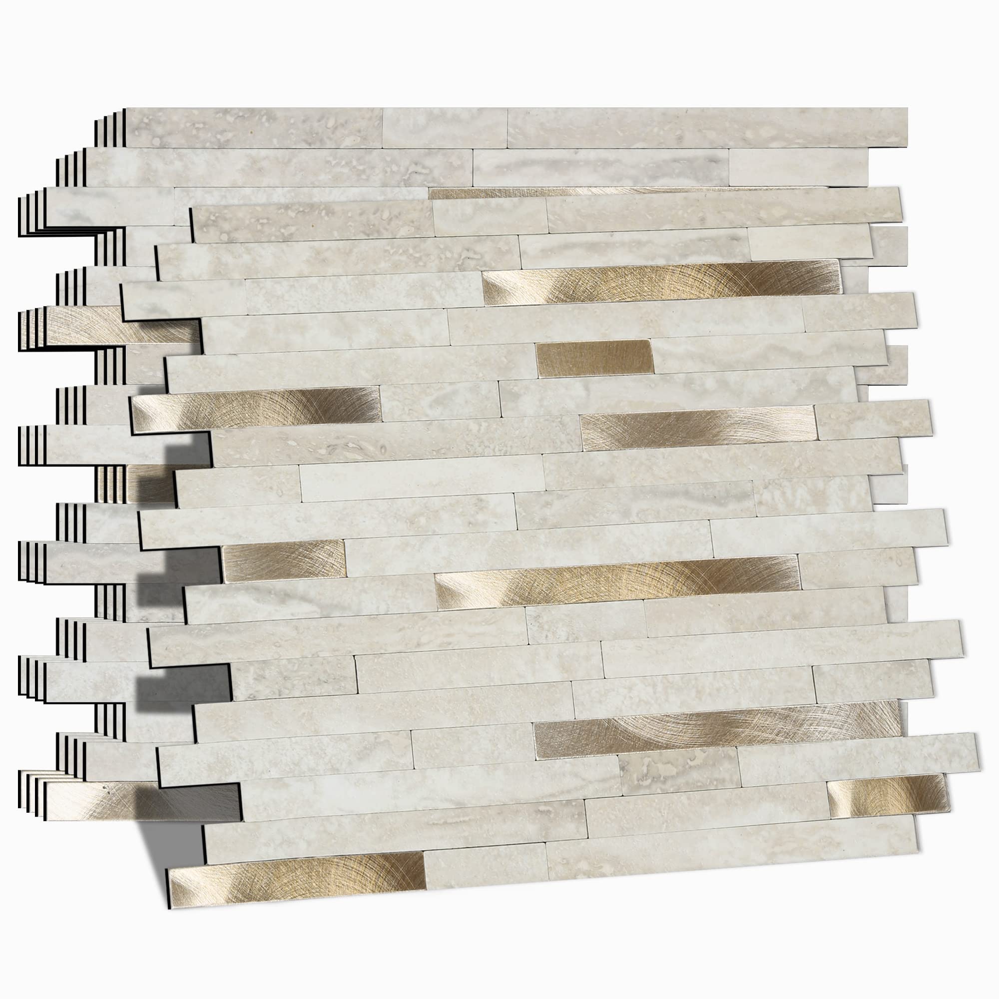 Self-Adhesive Peel and Stick Backsplash Tiles - Gold Beige Marble Subway Design for Kitchen, Bathroom, Laundry & Fireplace (10 Sheets) - Easy DIY Home Decor Upgrade for Walls & Countertops