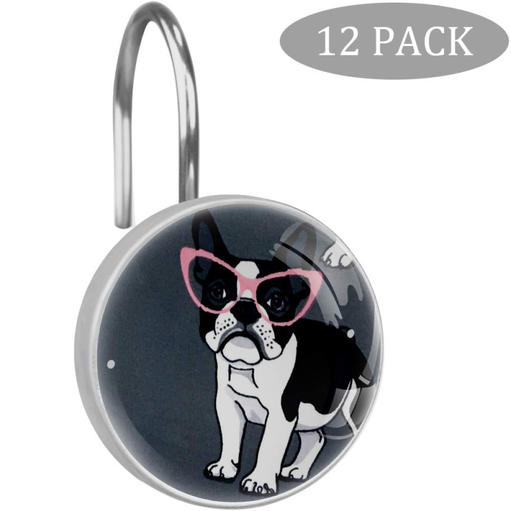 English Bulldogs Pattern Crystal Glass Shower Curtain Hooks - 12 Pack Bathroom Accessories for Shower Rod, Decorative Bulldog Theme Hooks for Bathroom Decor, Kids' Room, and Pet Lover Gifts