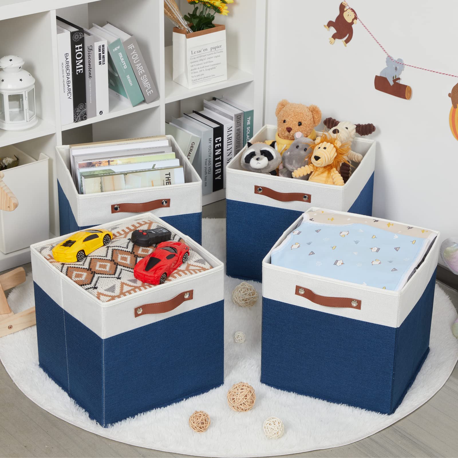 HNZIGE 13x13 Inch Fabric Storage Cubes Bins Set of 4 - Foldable Cloth Storage Baskets for Shelves, Cube Organizer, Toy & Nursery Organization (Blue & White) | Perfect for Kids Room, Closet, Office & Home Decor