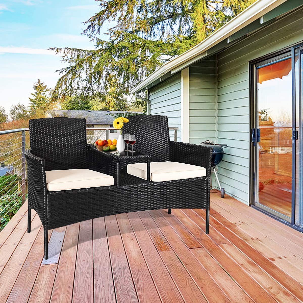 **Outdoor Loveseat Set with Table - 2-Seater Wicker Patio Furniture with Cushions & Tempered Glass Tabletop - Modern Rattan Sofa for Garden, Lawn, Backyard (White) - Perfect for Relaxing, Entertaining, and Outdoor Dining**