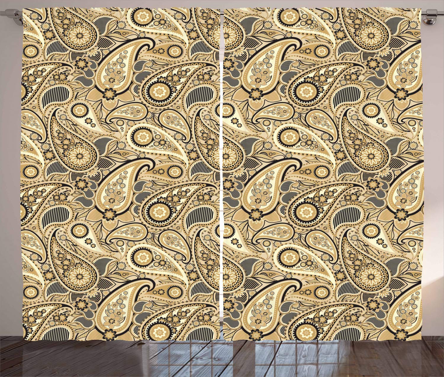 Ambesonne Earth Tone Curtains - Traditional Iranian Paisley & Welsh Pear Pattern, Grey & Yellow Window Drapes for Living Room & Bedroom, 2 Panels 108