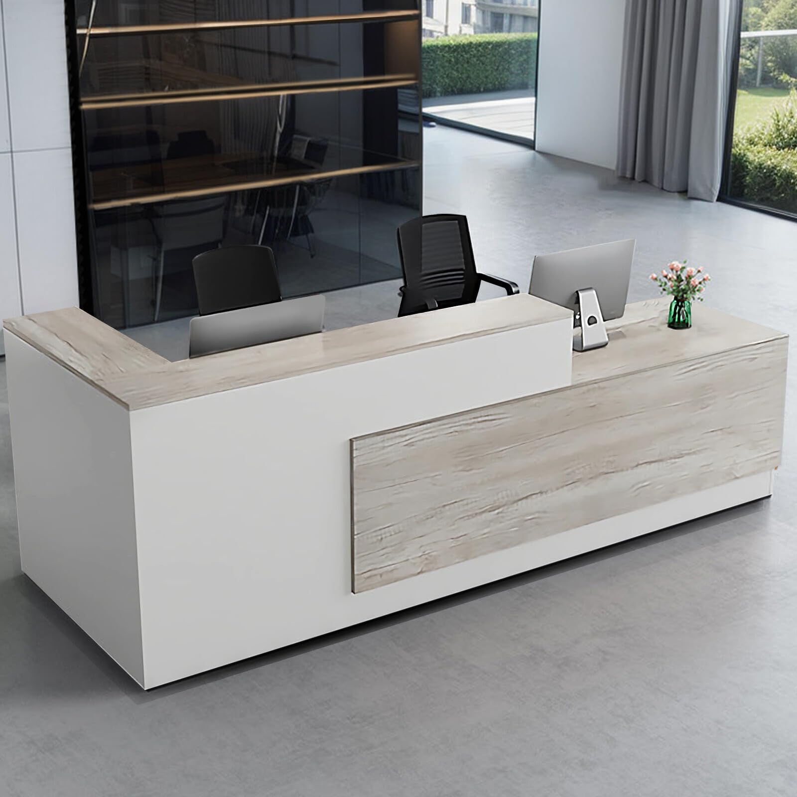 Modern L-Shaped Reception Desk with Hutch - Office Reception Counter Table with Lockable Drawer & Cabinet - Wooden Computer Front Desk (Oak/Warm White, Left Cabinet, 78.74