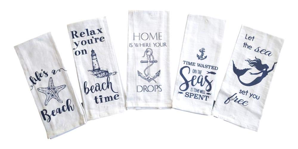 Coastal Decor Printed Kitchen Towels Set of 5 - Absorbent & Stylish Dish Towels for Farmhouse, Beach House & Modern Kitchens