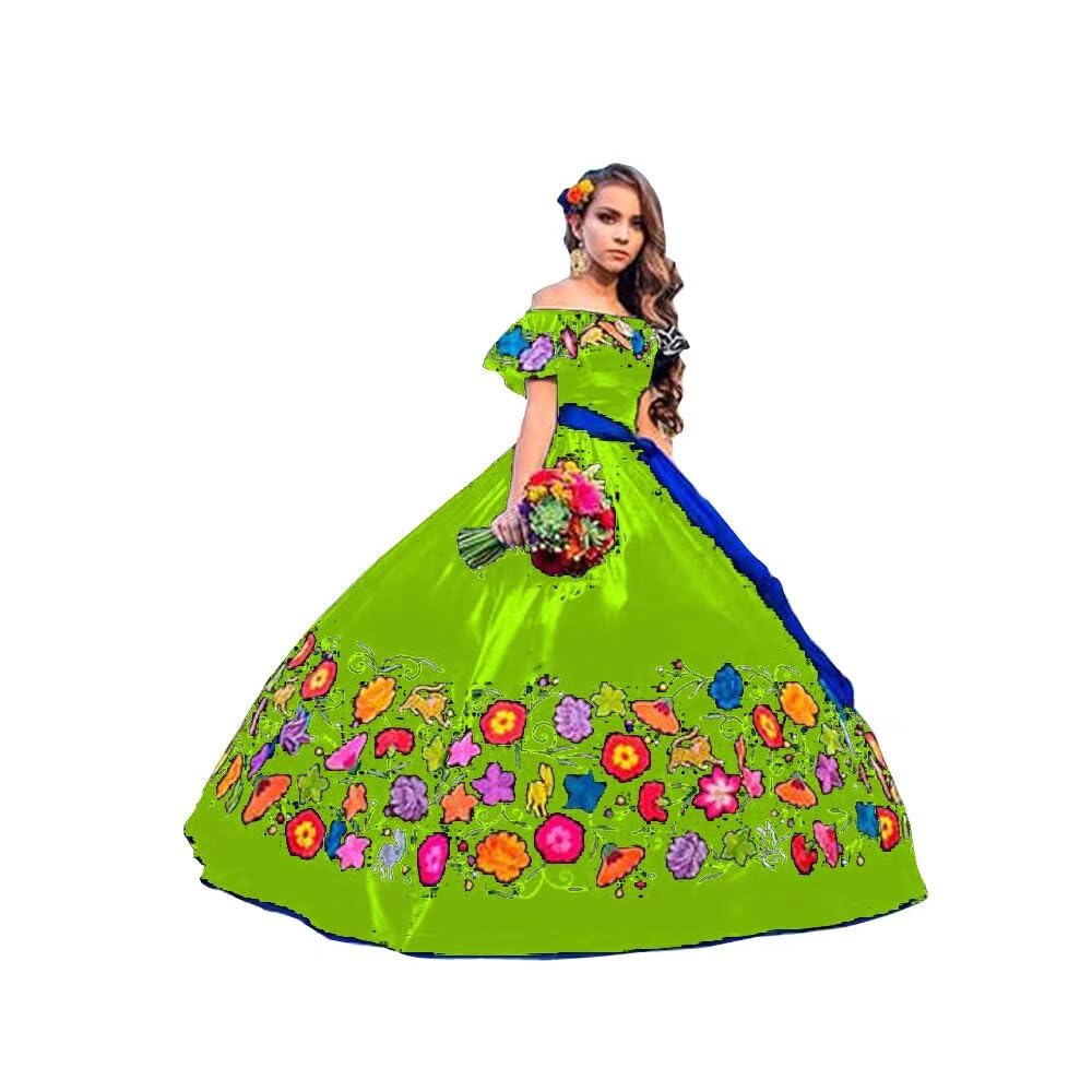 Elegant Off-The-Shoulder Quinceañera Dress with Floral Embroidery & Blue Sash - Sweet 15 Charro Party Gown for 2025 | Perfect for Quince Celebrations, Birthday Parties & Special Occasions