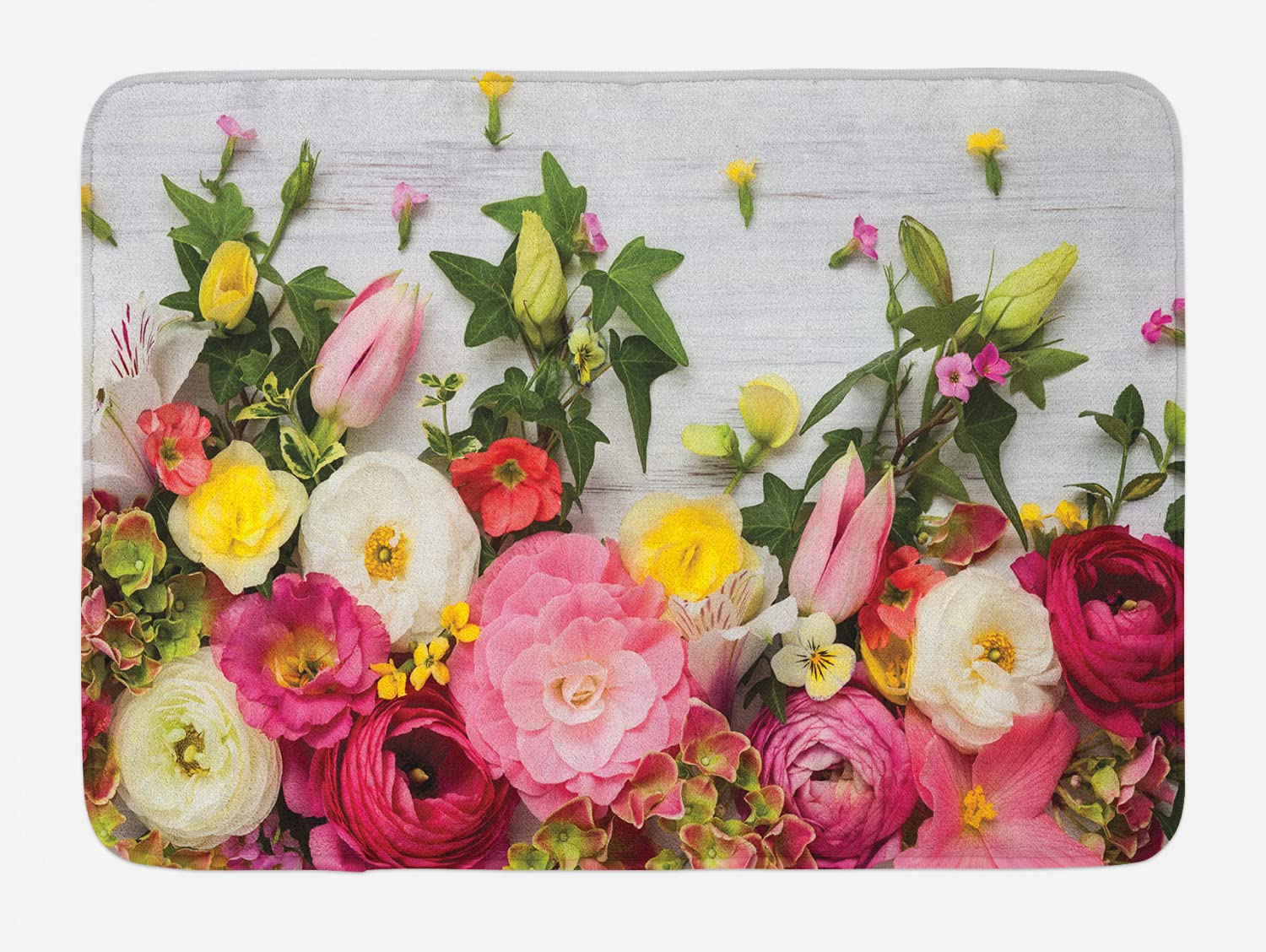 Ambesonne Rustic Floral Bath Mat - Non-Slip Plush Bathroom Rug with Ranunculus Flower Design on Wood Backdrop, 29.5