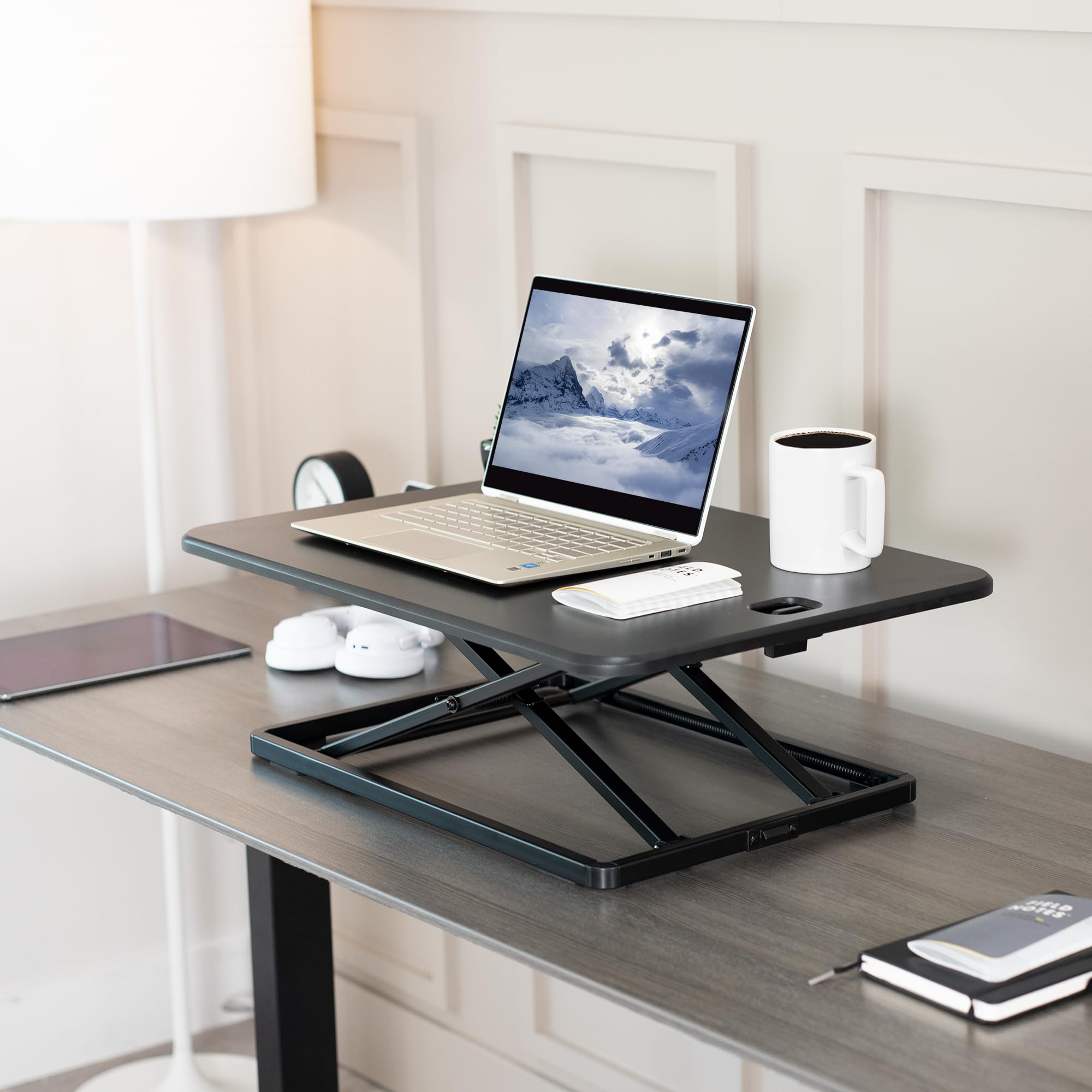 VIVO Ultra-Slim Single Monitor Stand Up Desk Riser - Height Adjustable Sit to Stand Workstation Converter for Laptop or Computer - Compact Black Desktop Riser (DESK-V001J) - Perfect for Home Office, Gaming Setup & Ergonomic Workspace