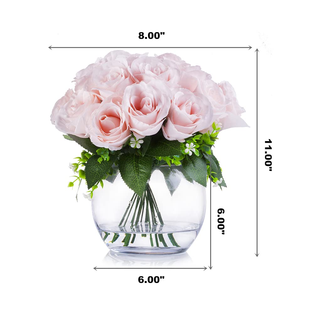 ENOVA FLORAL 18 Heads Silk Rose Artificial Flowers in Vase - Pink Faux Rose Bouquet with Round Bowl Vase & Faux Water for Home, Wedding, Office Table Decor - Perfect for Centerpieces, Dining Tables, and Event Decorations (Pink)