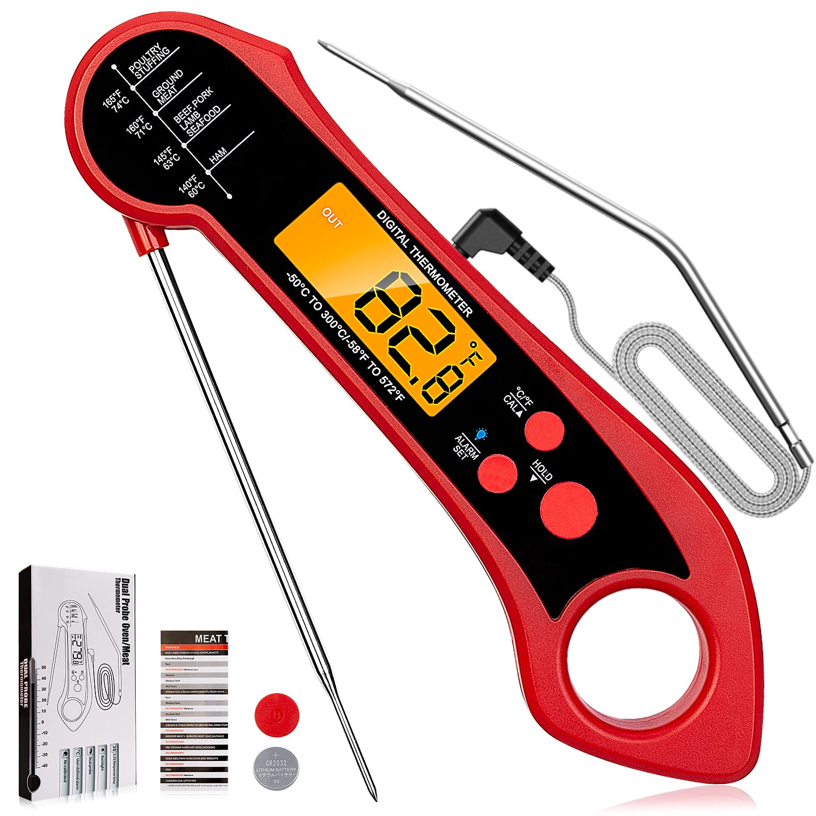 2-in-1 Digital Meat Thermometer with Instant Read & Alarm Function - LCD Backlight Cooking Thermometer for Grilling, Smoking, Frying, Baking - Perfect for Kitchen, Oven, Turkey, Steak (Red) - Ideal for BBQ, Home Cooking & Professional Chefs