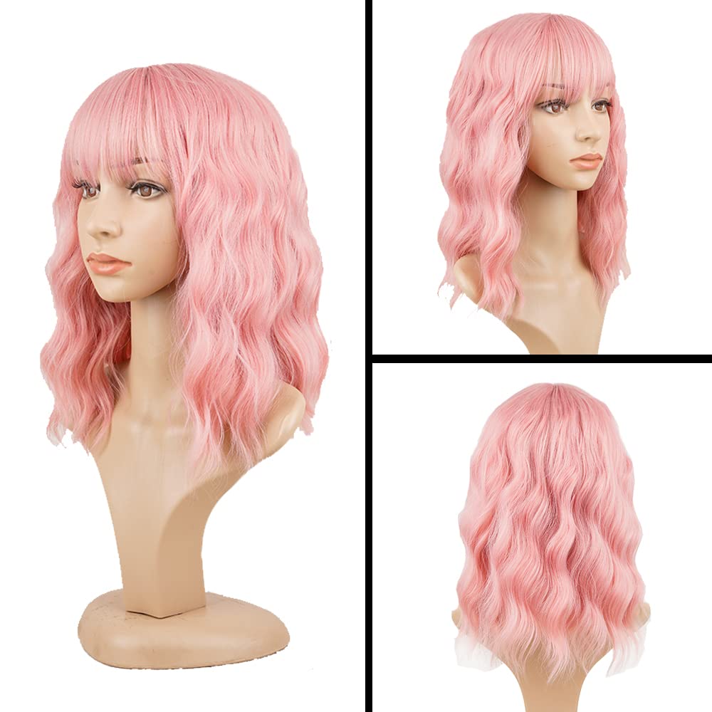Pink Wavy Real Human Hair Wig with Bangs - Short Bob Heat Resistant Tangle-Free Synthetic Wig for Women & Girls | Perfect for Cosplay, Daily Wear, Halloween & Costume Parties
