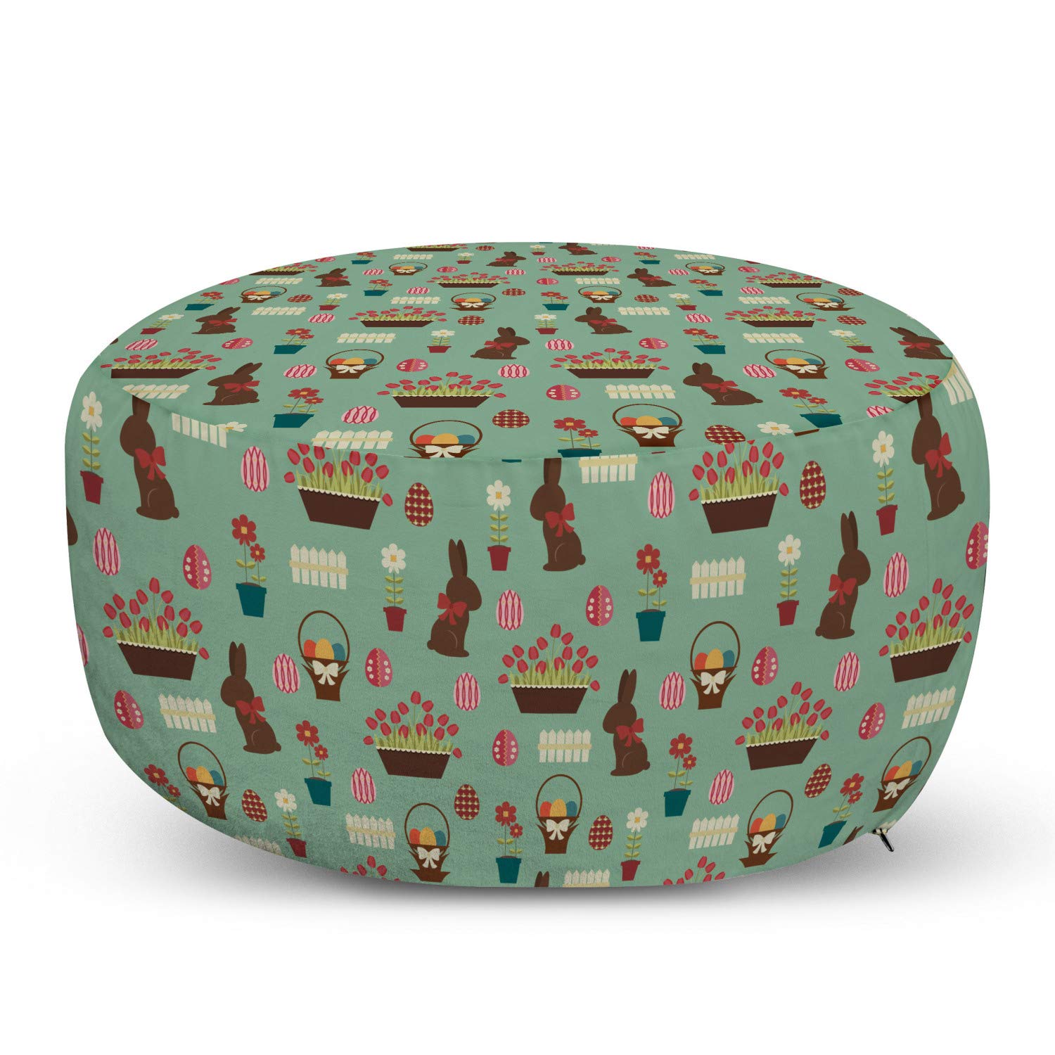 Ambesonne Easter Ottoman Pouf with Chocolate Bunny, Flowers & Tulip Design - Soft Foot Rest Stool with Removable Cover for Living Room & Bedroom - Laurel Green Multicolor - Perfect for Easter Decor, Home Accent & Cozy Seating