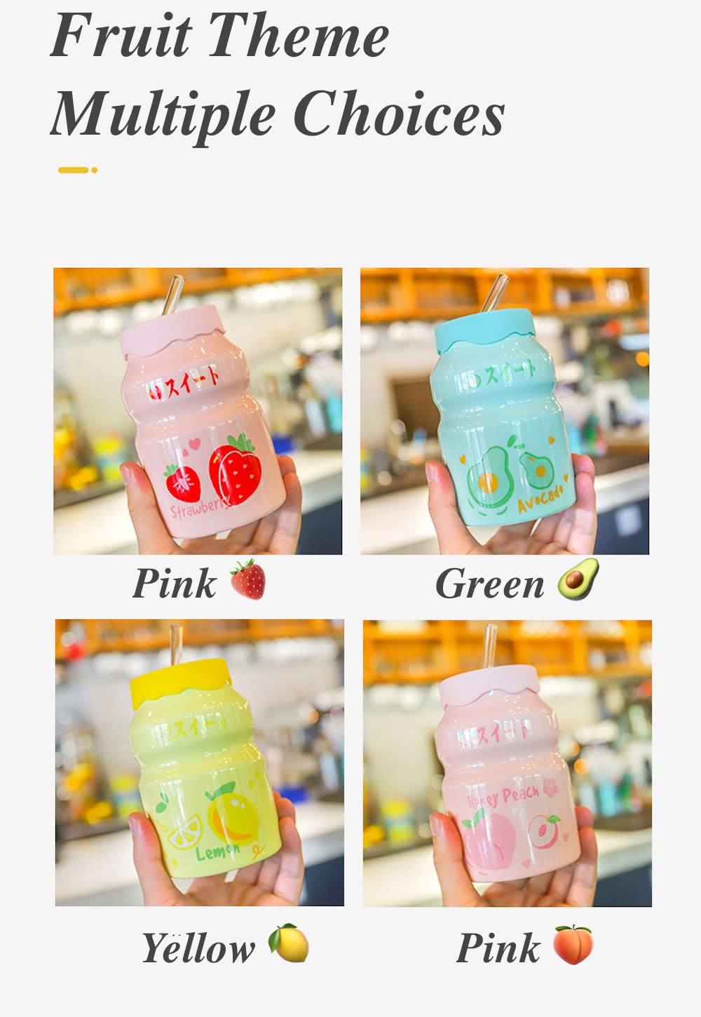 Kawaii Ceramic Mug Set of 4 with Silicone Lid & Straw - Cute Kawaii Water Bottles for Kids, Teens, Adults - Perfect for Home, Office, School, Travel & Gift Giving (Fruit Design)
