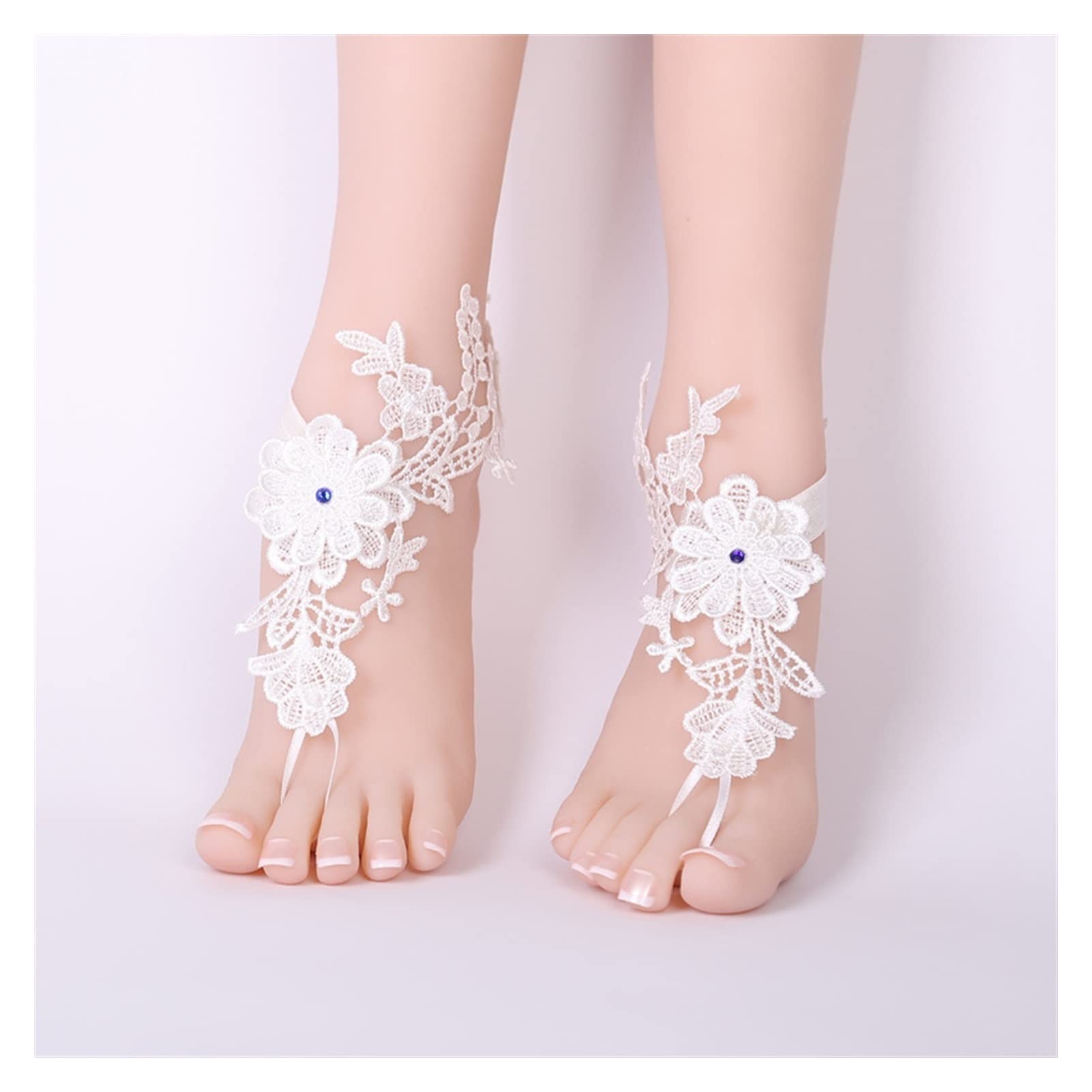 White Lace Embroidered Ankle Bracelet for Women - Adjustable Barefoot Jewelry - One Size Fits 36-40 - Perfect for Beach Weddings, Summer Vacations & Boho Fashion