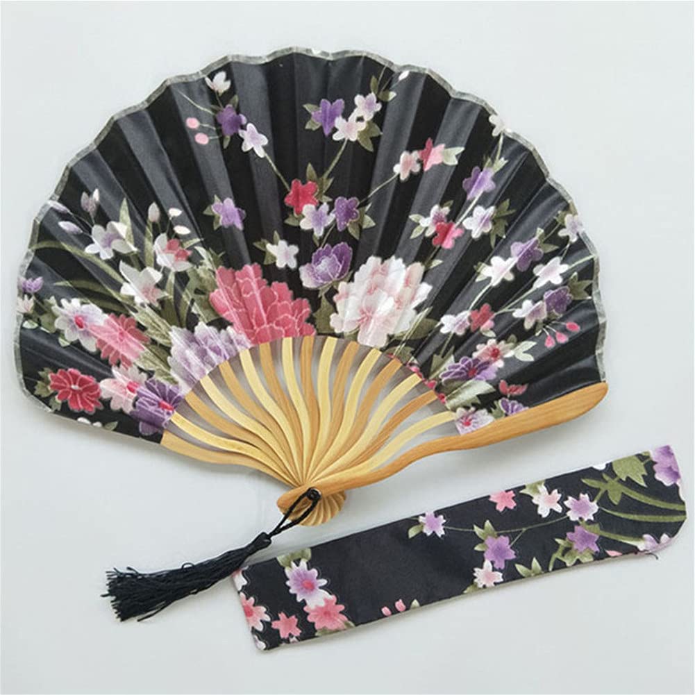 Kissnite Floral Folding Hand Fan - Elegant Satin Bamboo Silk Handheld Fan with Chinese & Japanese Vintage Style - Perfect for Gifts, Dancing, Cosplay, Wedding, Party & Summer Outdoor Events