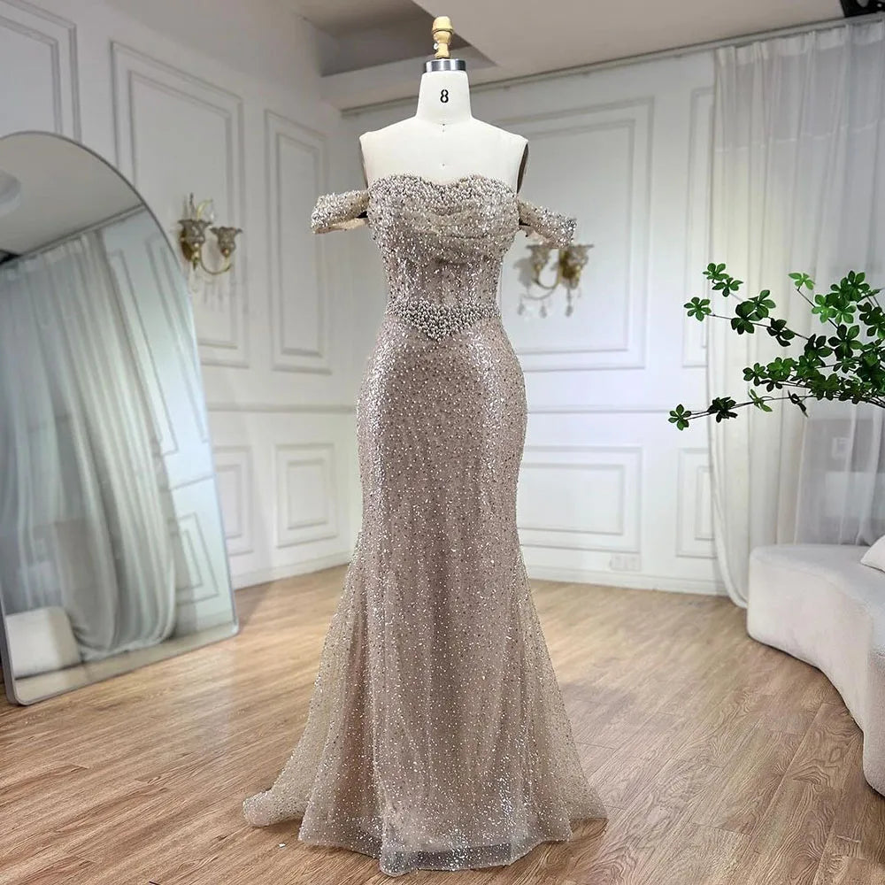 Elegant Mermaid Evening Dresses for Women - Luxury Pearl Beaded Dubai Arabian Style Wedding Gowns 2025 | Perfect for Weddings, Galas & Formal Parties
