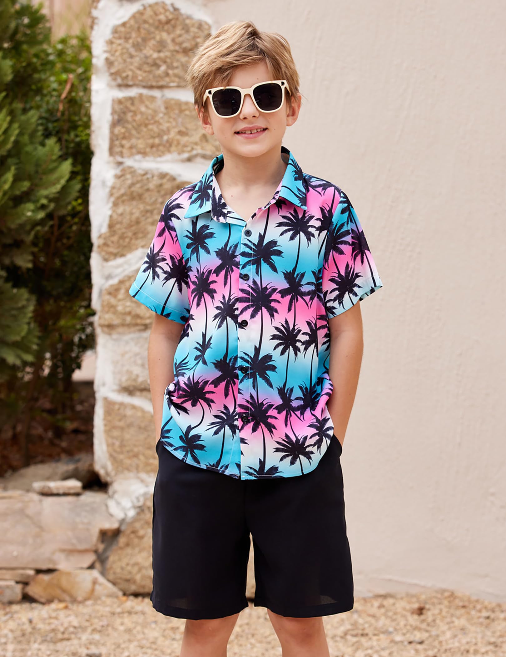 Arshiner Boys 2-Piece Hawaiian Outfit Set - Button Down Shirt & Shorts, Summer Beach Clothes for Kids 4-12 Years | Perfect for Vacation, Pool Party & Tropical Getaways