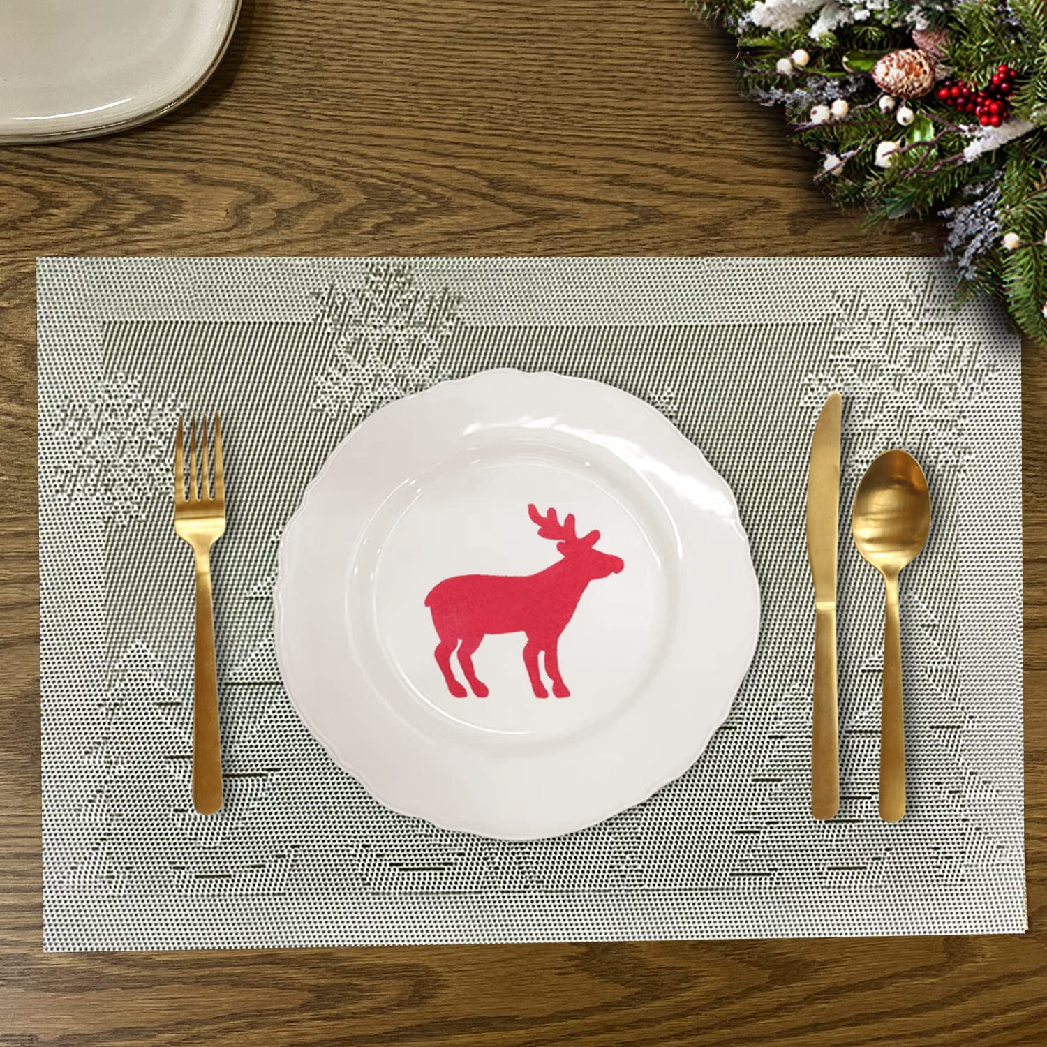 6-Pack Christmas Reindeer Silver Woven Vinyl Non-Slip Placemats - Washable & Anti-Skid Table Mats for Kitchen Dining, Holiday Decor & Family Gatherings