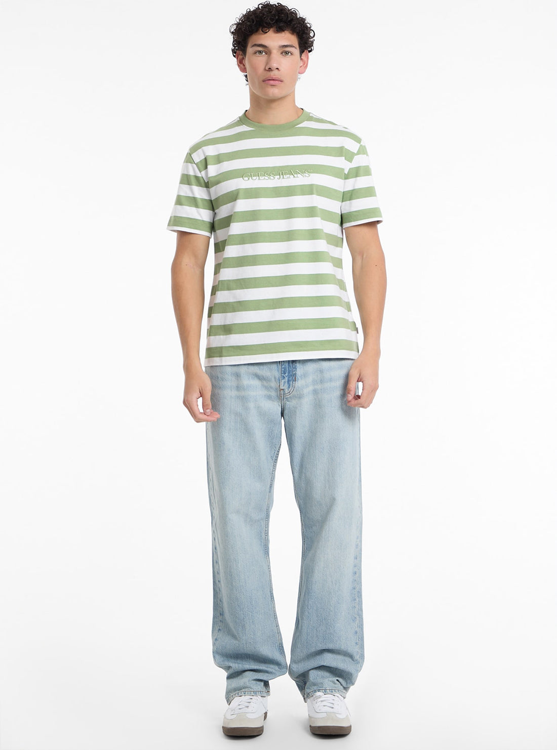 Guess Women's Green Striped T-Shirt | Casual Cotton Tee for Everyday Wear | Perfect for Outings, Shopping & Relaxing