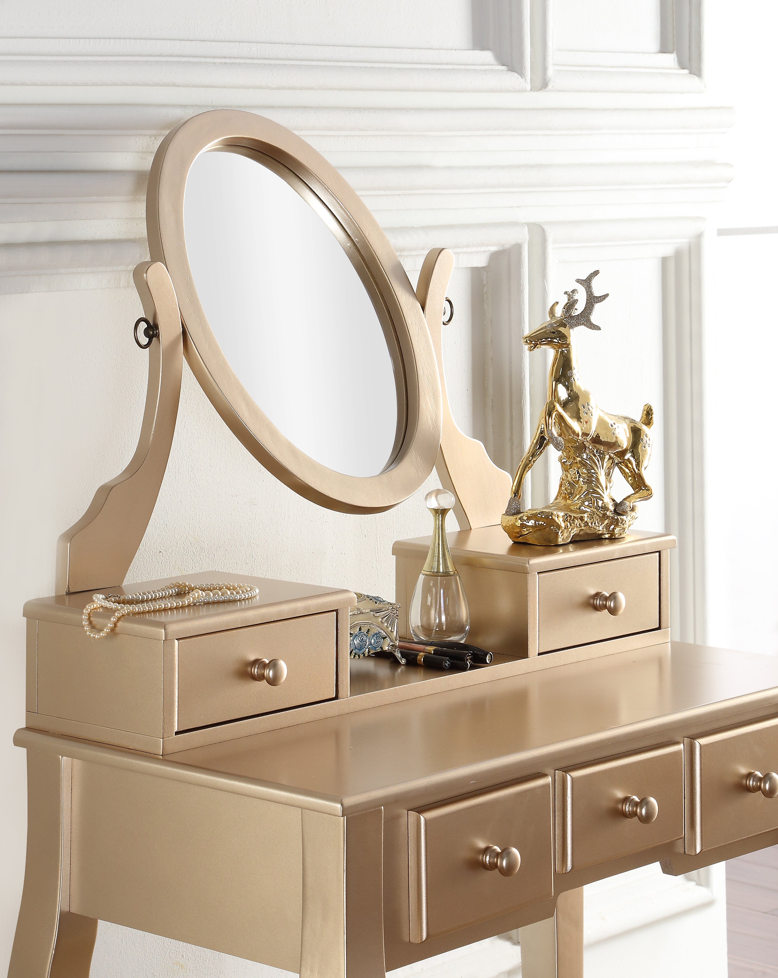 Ashley Wood Makeup Vanity Table and Stool Set with Mirror - Gold Finish | Elegant Dressing Table for Bedroom, Bathroom & Salon | Perfect for Makeup, Skincare & Jewelry Organization