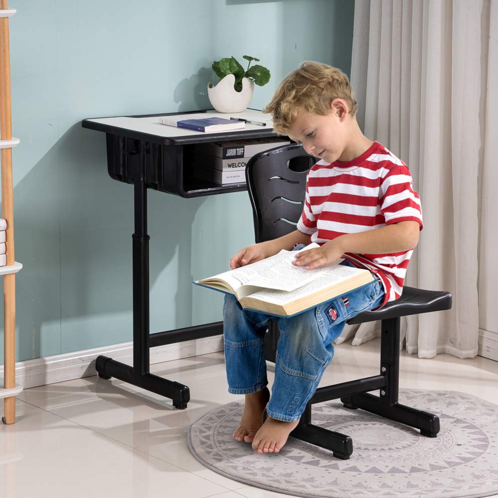Adjustable Height Student Desk and Chair Set with Drawer, Pencil Grooves & Hooks - Ergonomic Study Workstation for Kids, Teens - Perfect for Home, School & Online Learning (Black & White)