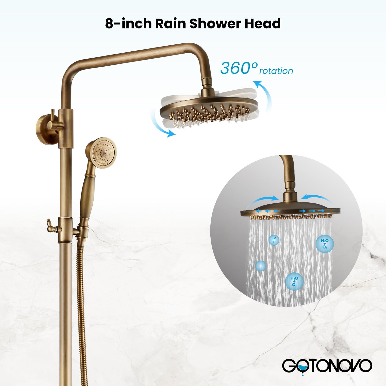 Gotonovo 8 Inch Wall Mounted Outdoor Shower System - Exposed Bathroom Faucet with Adjustable Handheld Sprayer, Shower Head, Tub Spout & Double Cross Handles in Antique Brass - Perfect for Patio, Poolside, Garden & Luxury Bathroom Renovations