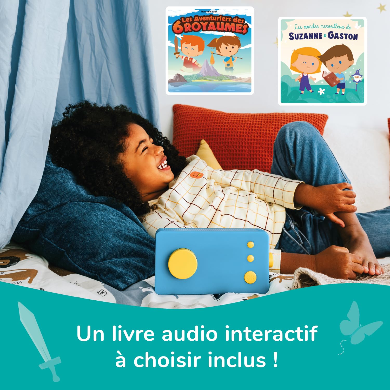 Lunii My Fabulous Storyteller Blue Travel Pack - Interactive Audio Storyteller for Kids with 24 Stories & Headphones - New Model 3760361142210 - Perfect for Road Trips, Bedtime & Learning English