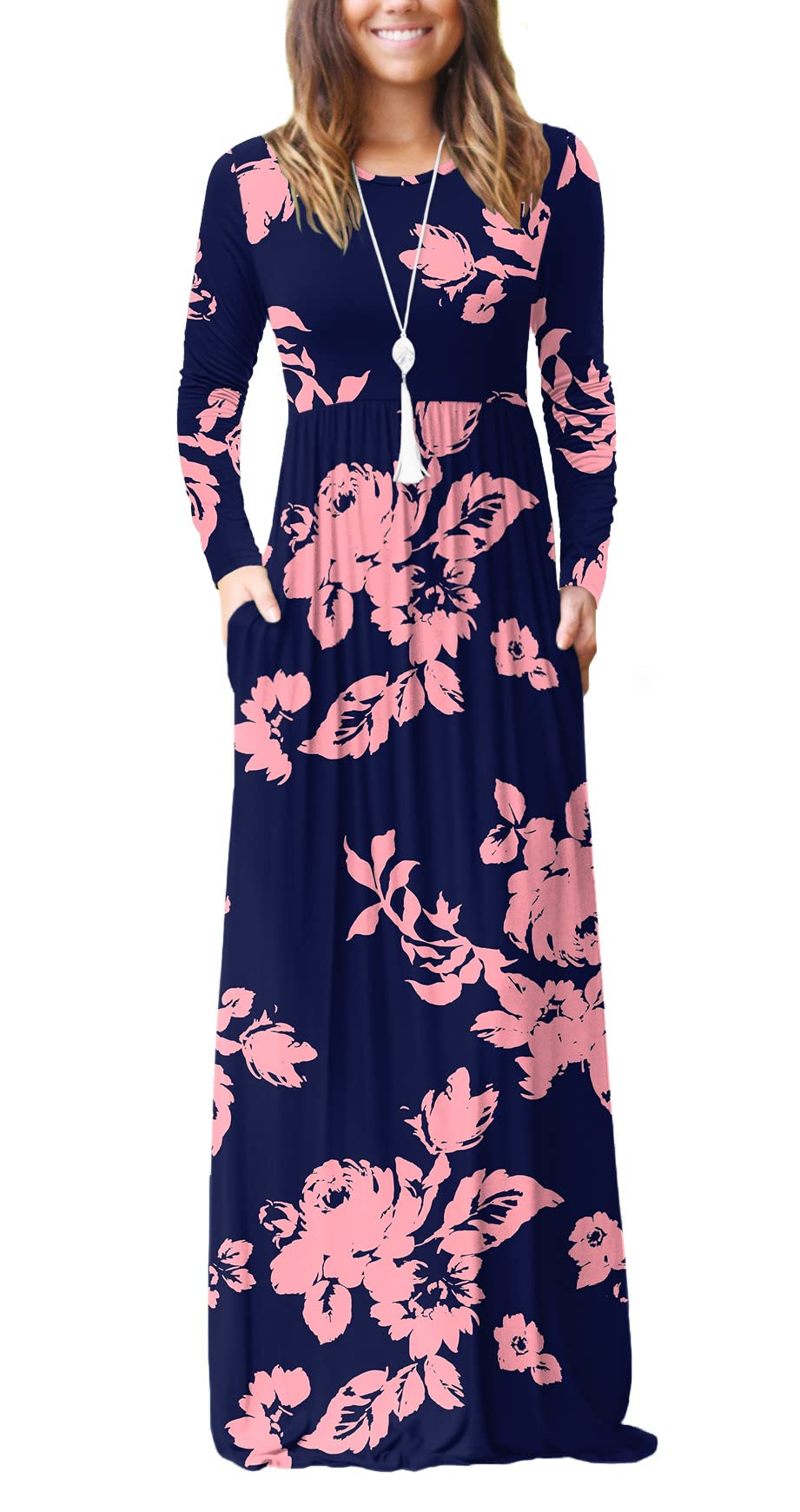 VIISHOW Women's Long Sleeve Maxi Dress - Loose Fit Casual Plain Long Dress with Pockets | Perfect for Everyday Wear, Office, Travel & Date Nights