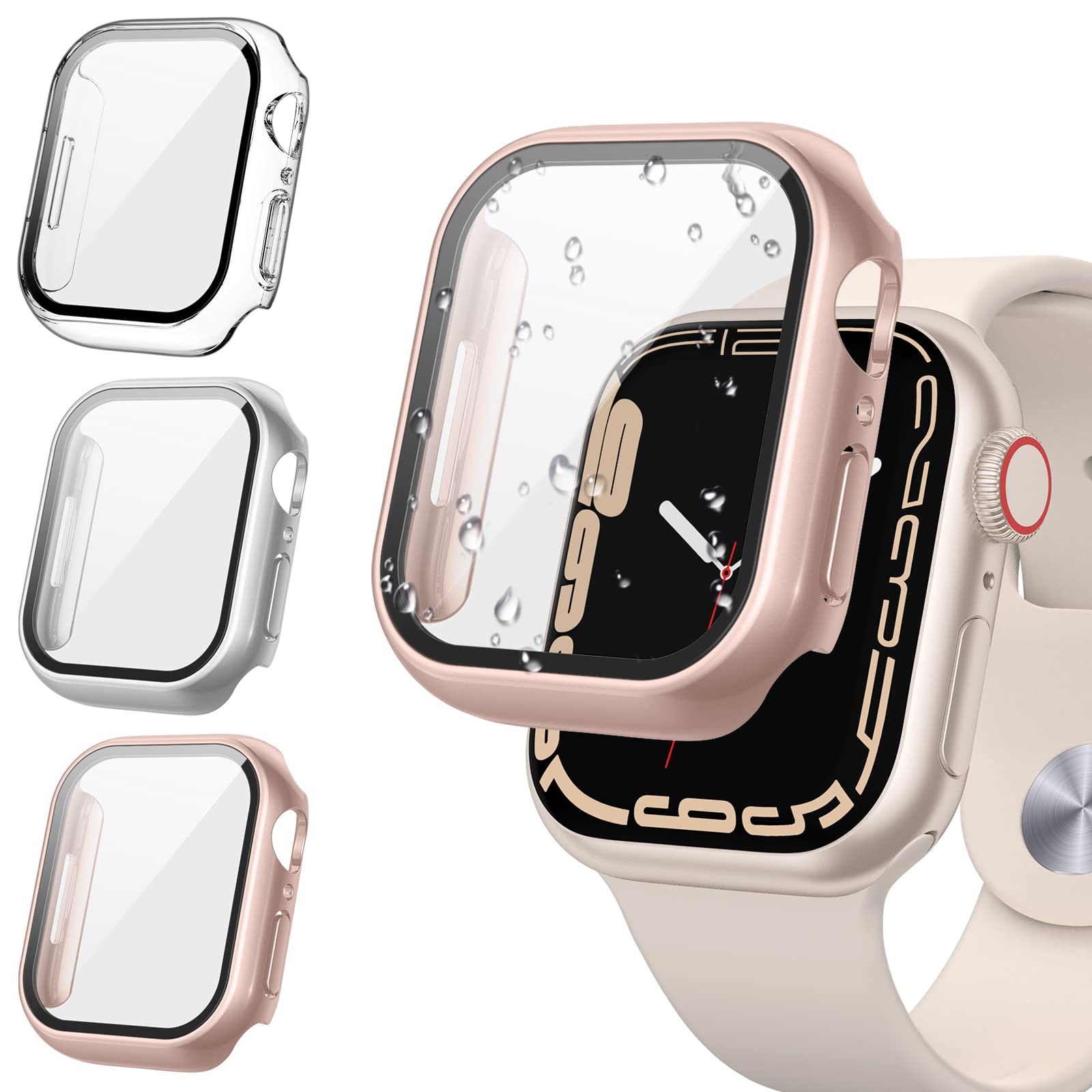 3-Pack Tensea Tempered Glass Screen Protector with Hard PC Bumper Case for Apple Watch Series 9/8/7 45mm - Ultra-Thin Protective Cover for Women & Men (Clear/Silver/Rose Gold) | Perfect for Workouts, Outdoor Activities & Daily Wear