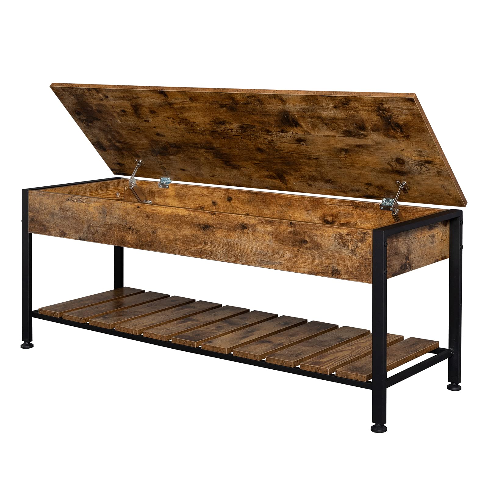 48 Inch Lift Top Storage Bench with Shoe Rack - Industrial Vintage Brown Entryway Bench for Hallway, Bedroom, Living Room | Perfect for Small Space Organization & Shoe Storage Under Window or Bed End