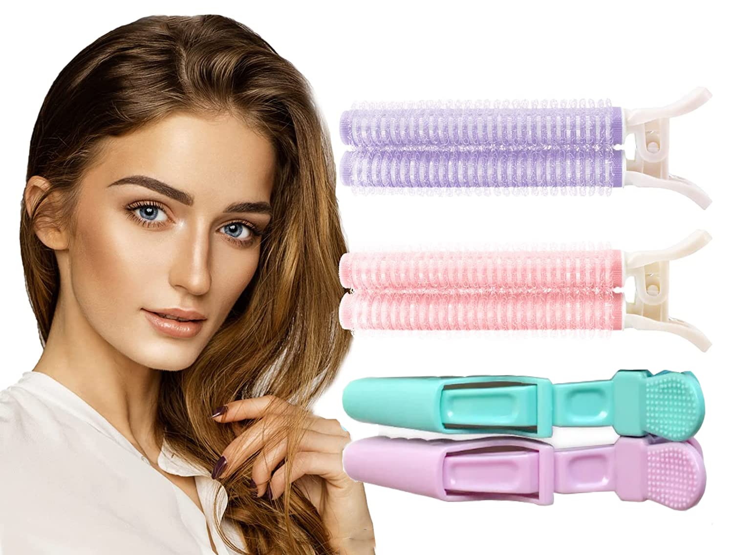 2 Pcs Heatless Hair Rollers with 2 Pcs Crystal Crocodile Clips - Volumizing Root Curlers for Women - DIY Hair Styling Tools for Long & Short Hair - Perfect for Home, Salon, and Party Hairstyles