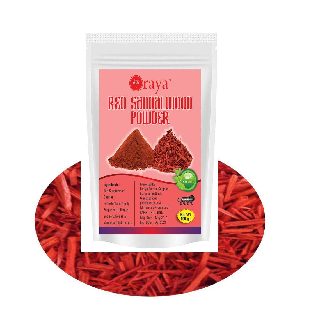 Rudra Oraya 100% Pure Red Sandalwood Powder for Face & Skin Care - 100g | Natural Ayurvedic Beauty Treatment for Glowing Skin, Acne Relief & Anti-Aging | Perfect for DIY Face Masks, Scrubs & Spa Treatments