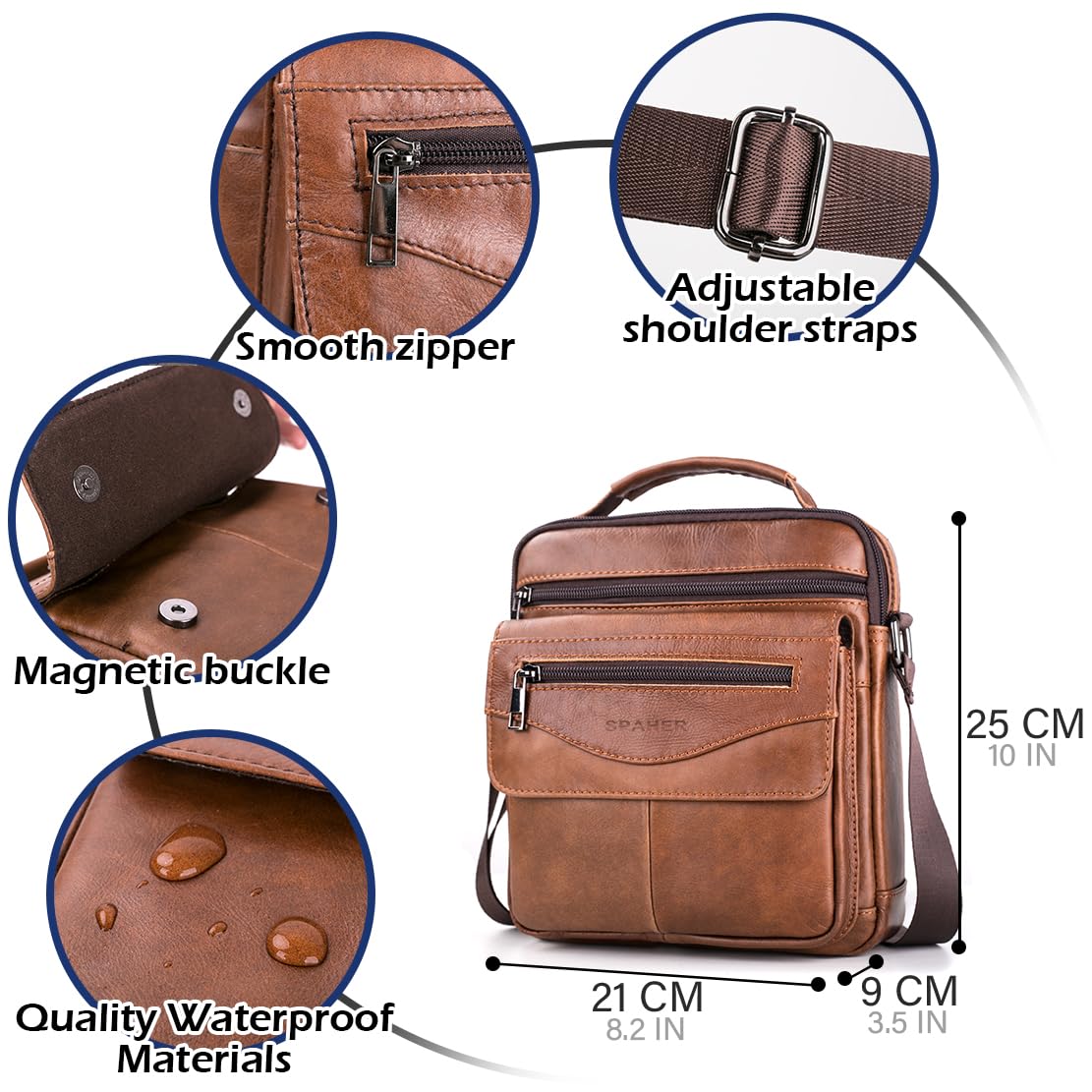 SPAHER Men's Genuine Leather Messenger Bag - Waterproof Crossbody Shoulder Bag for Business & Travel - Adjustable Strap Fits iPad 11 Inch - Brown Satchel for Work, Commuting & Daily Use