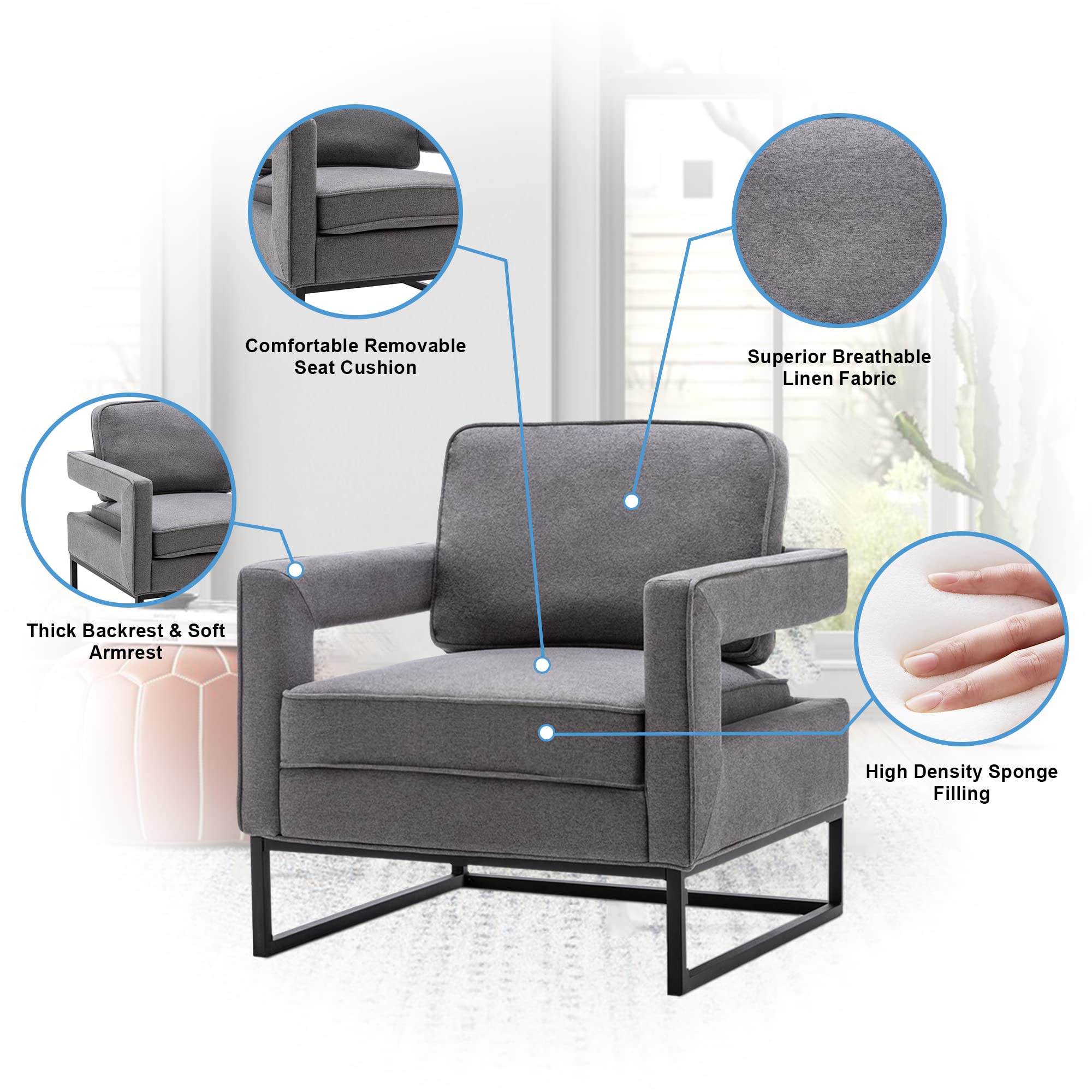 Alunaune Modern Upholstered Accent Chair - Mid Century Armchair with Removable Cushion, Grey Lounge Chair for Living Room, Bedroom & Office - Comfortable Reading Chair and Relaxation Seating