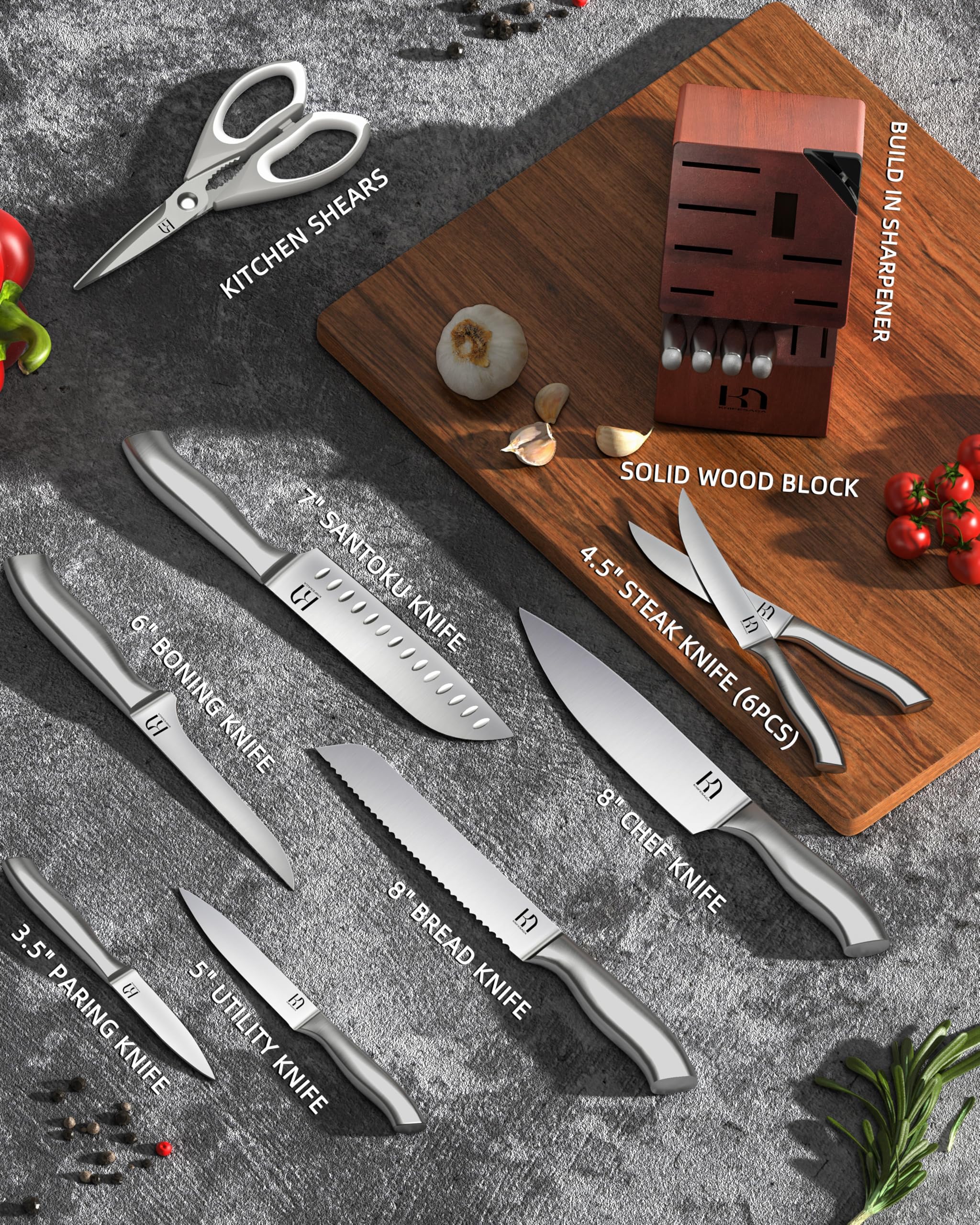 Premium 14-Piece Japanese High Carbon Stainless Steel Knife Block Set - Ultra Sharp Chef Knives with Built-in Sharpener for Professional Cooking & Home Kitchen Use