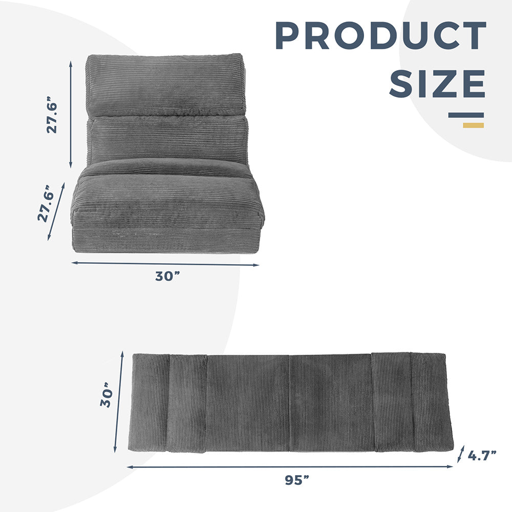 MAXYOYO Corduroy Bean Bag Folding Sofa Bed - Extra Wide Convertible Floor Mattress for Living Room, Bedroom & Guest Room (Grey)
