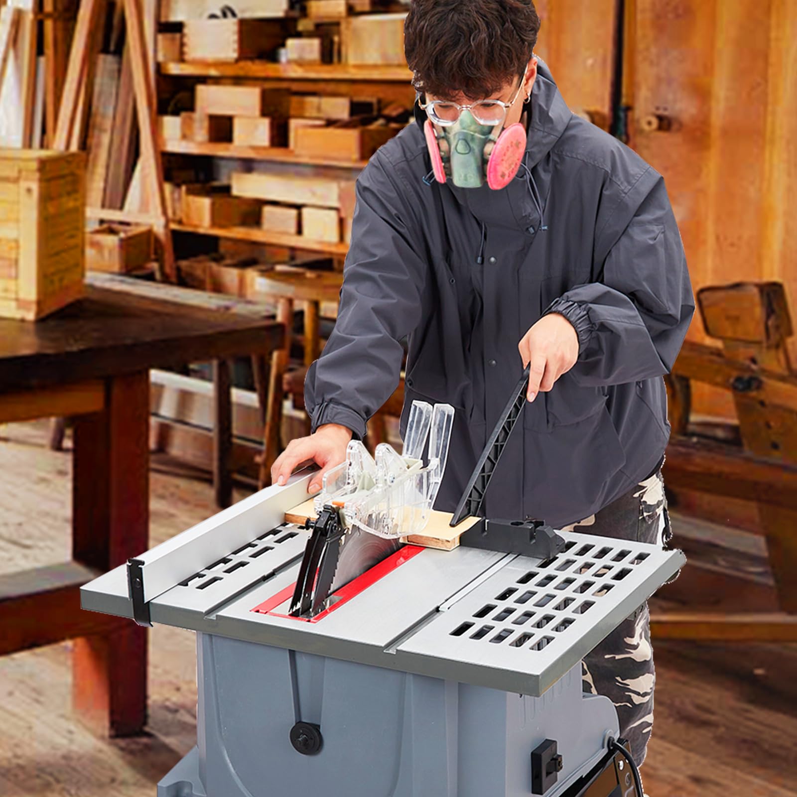 10-Inch Portable Table Saw 1800W 5000RPM with Stand - Safety Switch & Push Stick Included - 90° Cross Cut & 0-45° Bevel Cutting - Powerful Woodworking Tool for DIY Projects, Home Improvement, and Professional Carpentry