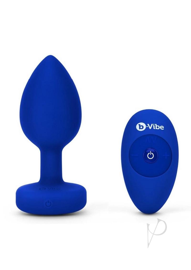 B Vibe Rechargeable Vibrating Jewel Butt Plug with Remote Control - Large/XLarge Navy Blue Silicone Anal Toy for Couples & Solo Play - Perfect for Sensual Massage & Intimate Exploration