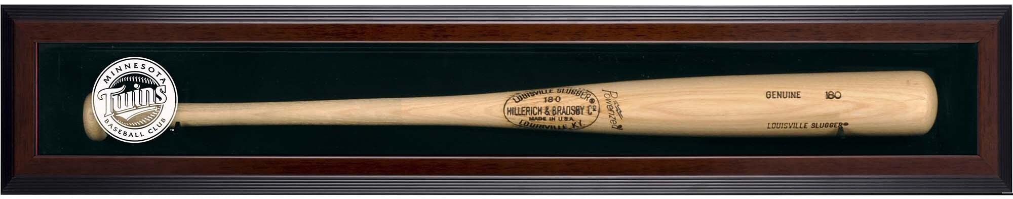 Minnesota Twins Logo Brown Wooden Framed Baseball Bat Display Case - Free Standing Single Bat Holder for Collectibles & Memorabilia - Perfect for Home, Office, or Man Cave Decor