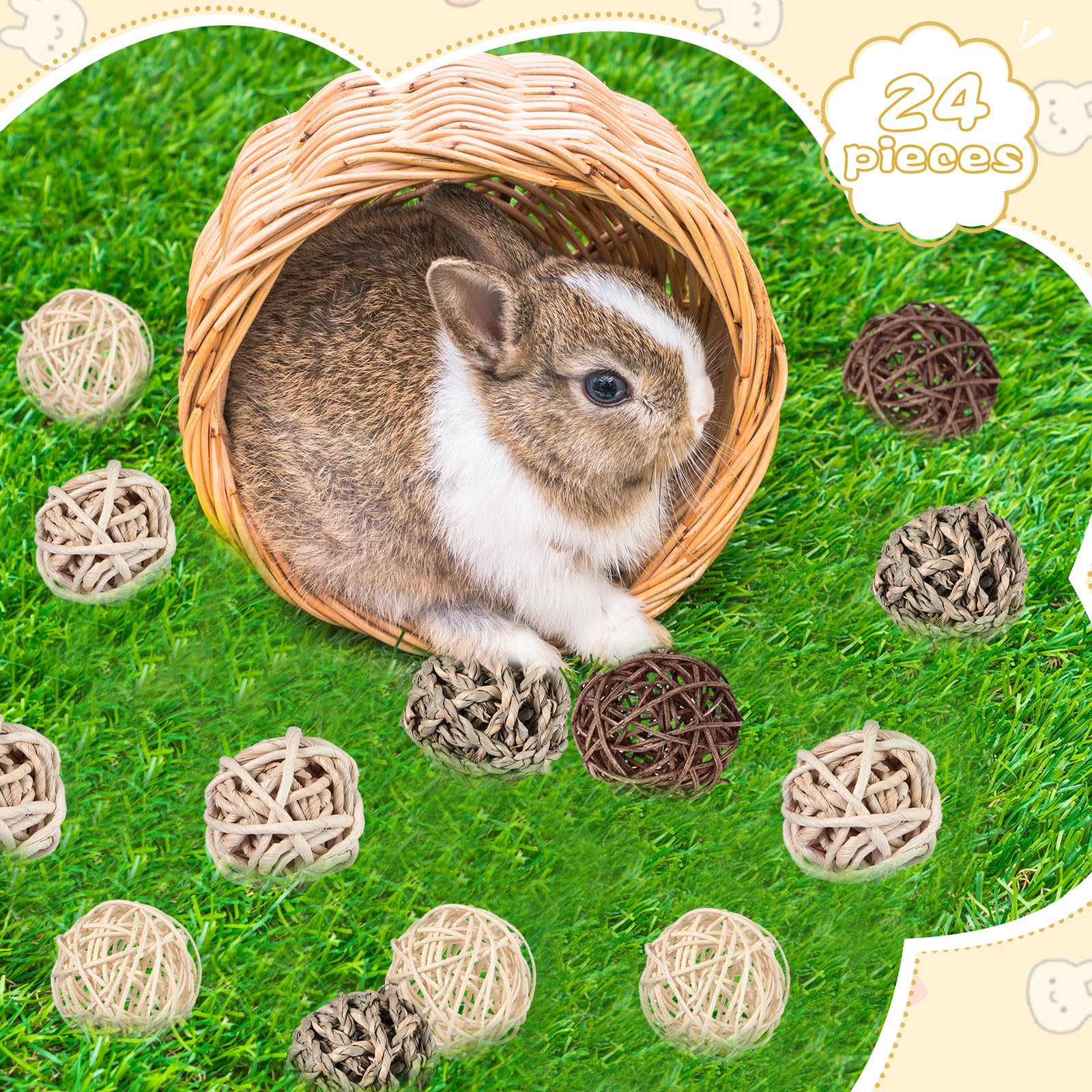 24-Pack Guinea Pig Chew Toys - Small Animal Play Balls with Hay for Rabbits, Hamsters & Pets - Cage Entertainment Accessories for Chewing & Mental Stimulation