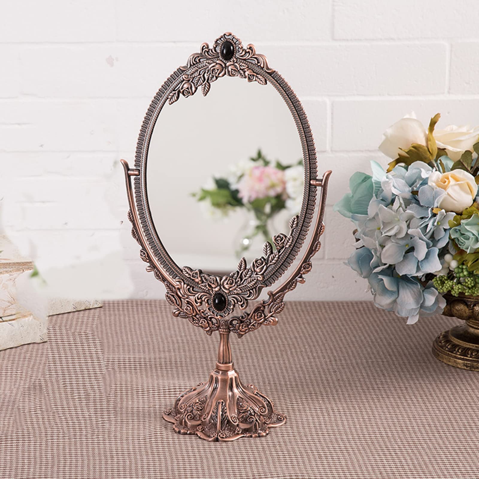 YRUIIA Vintage European Style Carved Princess Vanity Mirror - 1:1 HD Double Sided Copper Makeup Mirror for Dressing Table & Home Decor | Perfect for Bedroom, Bathroom & Boudoir