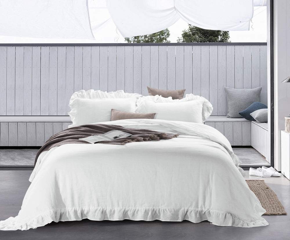 King Size Linen Cotton Duvet Cover Set with Pillow Shams - 3 Piece Vintage Stone Washed Bedding Set, Ruffled Edge Design with Button Closure & Corner Ties in White | Perfect for Master Bedroom, Guest Room & Farmhouse Style Decor