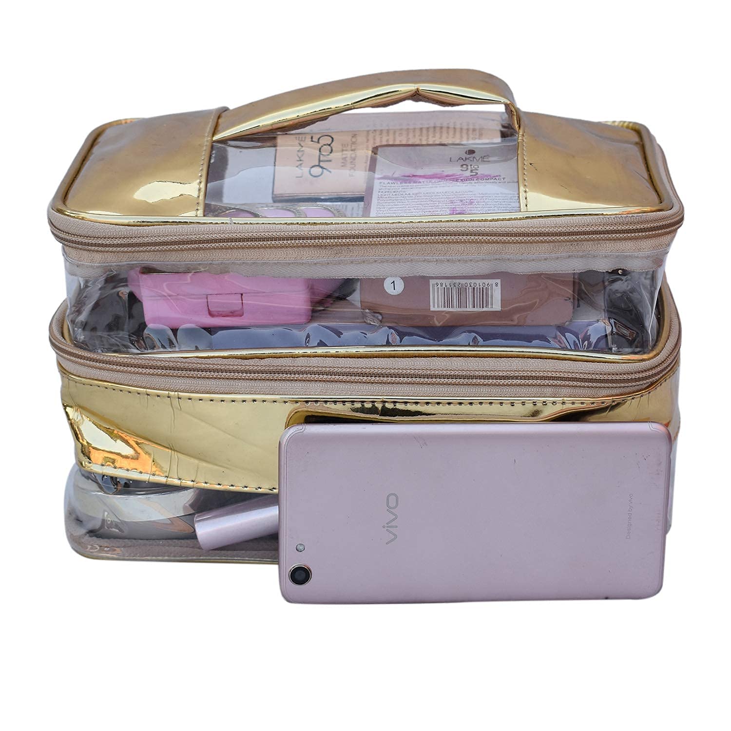Luxury Gold Makeup Box Cosmetic Bag & Clutch Purse for Women - Elegant Travel Organizer (ADS DB Gold 01) | Perfect for Bridal Shower, Wedding Essentials & Daily Beauty Storage