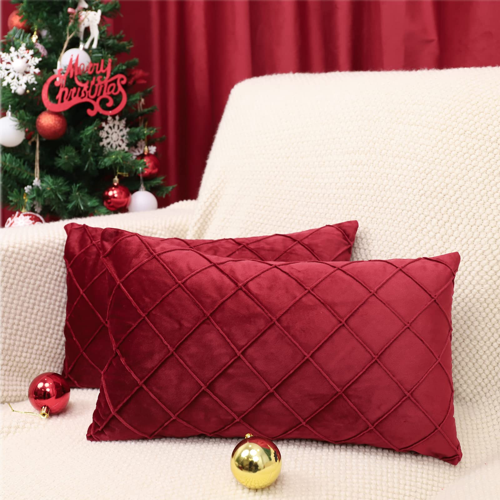 BeBen 2-Pack Velvet Throw Pillows 12x20 Inches - Soft Solid Decorative Cushion Covers for Sofa, Bed, Car & Outdoor Use - Christmas Holiday Home Decor (Red) | Perfect for Living Room, Bedroom & Seasonal Festive Decorations