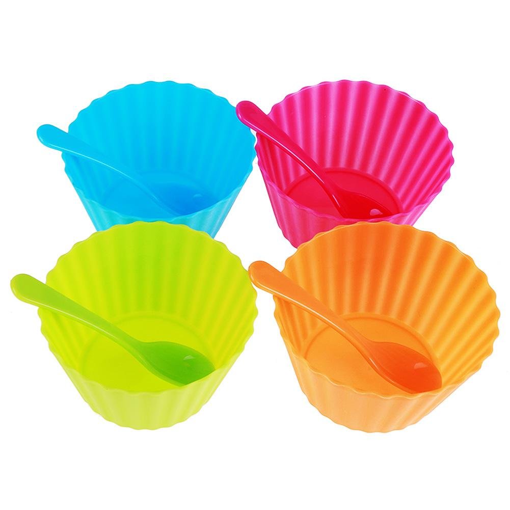 WinnerEco 4-Piece Plastic Kids Fruit & Ice Cream Bowls Set with Spoons - 4 Vibrant Colors (Blue, Pink, Green, Yellow) - Perfect for Snacks, Desserts, and Party Treats
