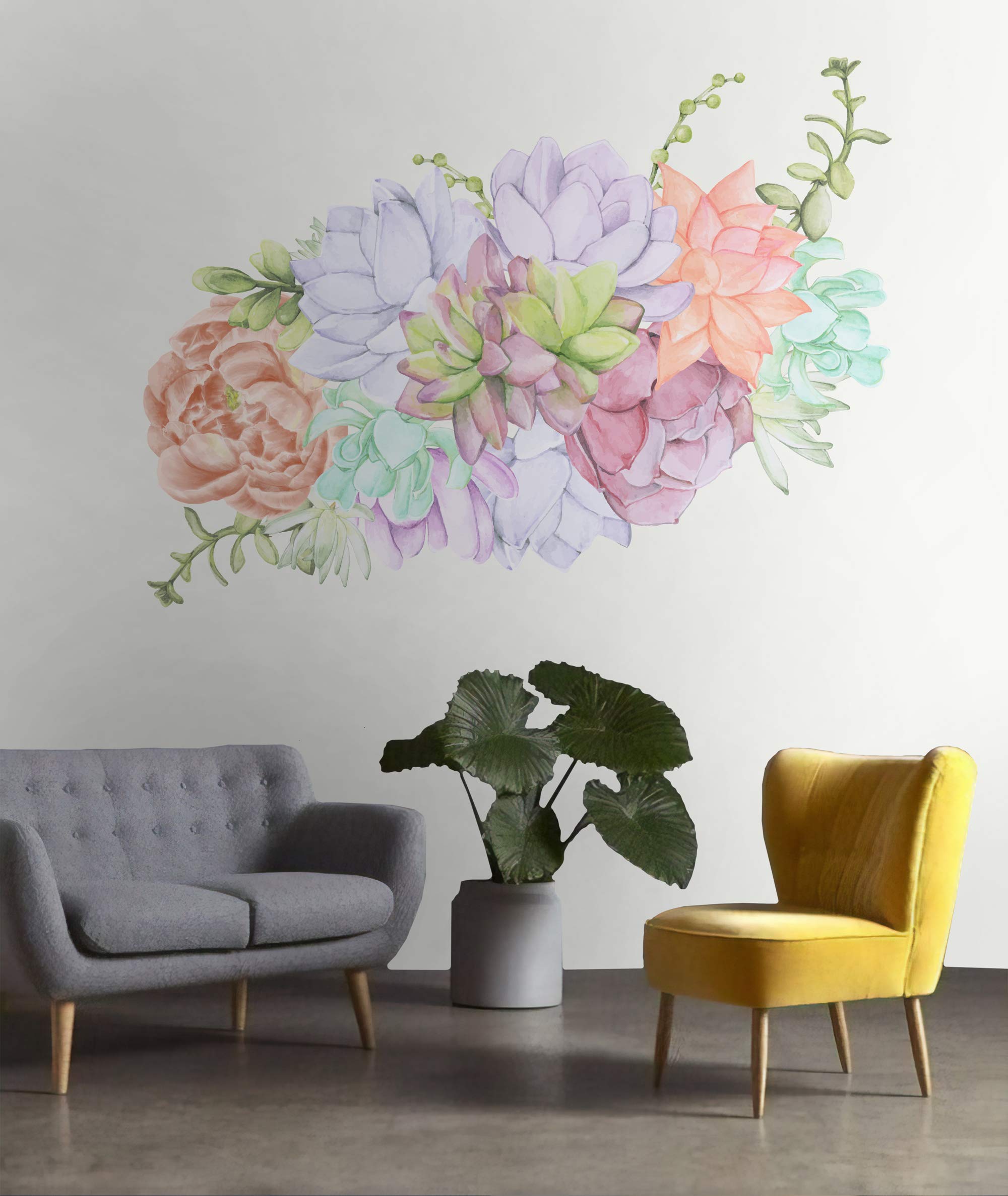 Murwall Cactus Floral Wall Decal - Self-Adhesive Cactus Flower Bouquet Wall Sticker, Echeveria Succulent Wall Art for Kids Room, Living Room & Bedroom Decor | Perfect for Nursery, Dorm, Office & Home Interior Design