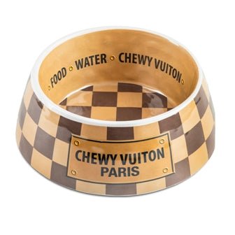 Checker Chewy Vuiton Bowl - Durable Pet Food and Water Dish for Dogs & Cats - Perfect for Indoor, Outdoor, and Travel Use
