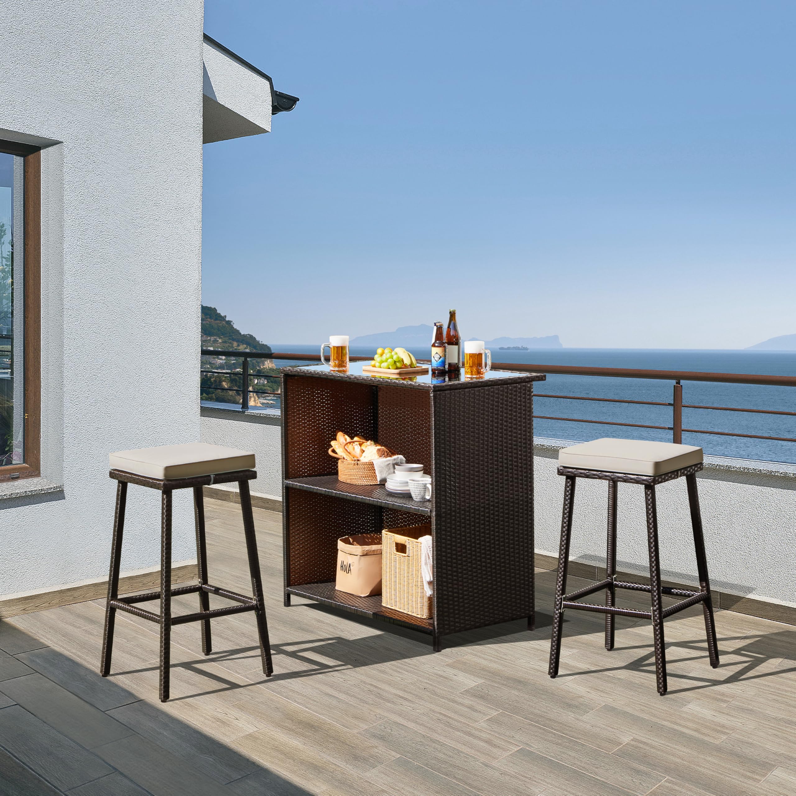 Yaheetech 3-Piece Outdoor Bar Set with 2 Stools - Wicker Patio Furniture with Glass Top Table, Storage Shelves & Cushions - Brown/Khaki - Perfect for Backyard, Garden, Poolside & Outdoor Entertaining