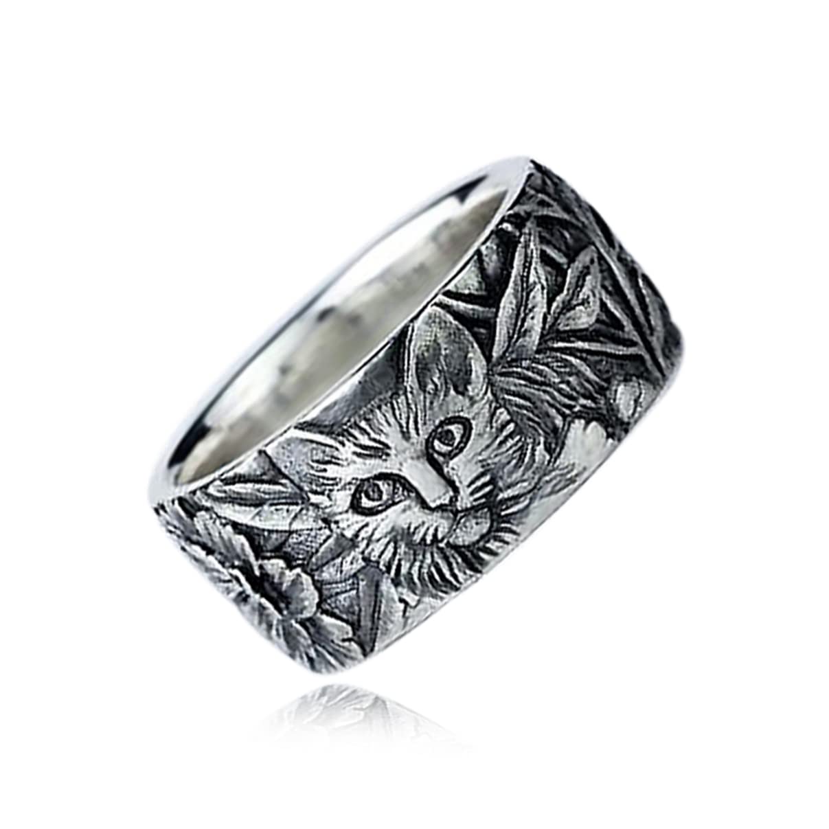 Vintage S925 Sterling Silver Band Ring for Women & Men - Engraved Forest, Mountain, Flower, Leaf, Zebra, Tiger & Cat Design - Realistic Relief & Lifelike Details - Perfect for Everyday Wear, Gifts & Special Occasions
